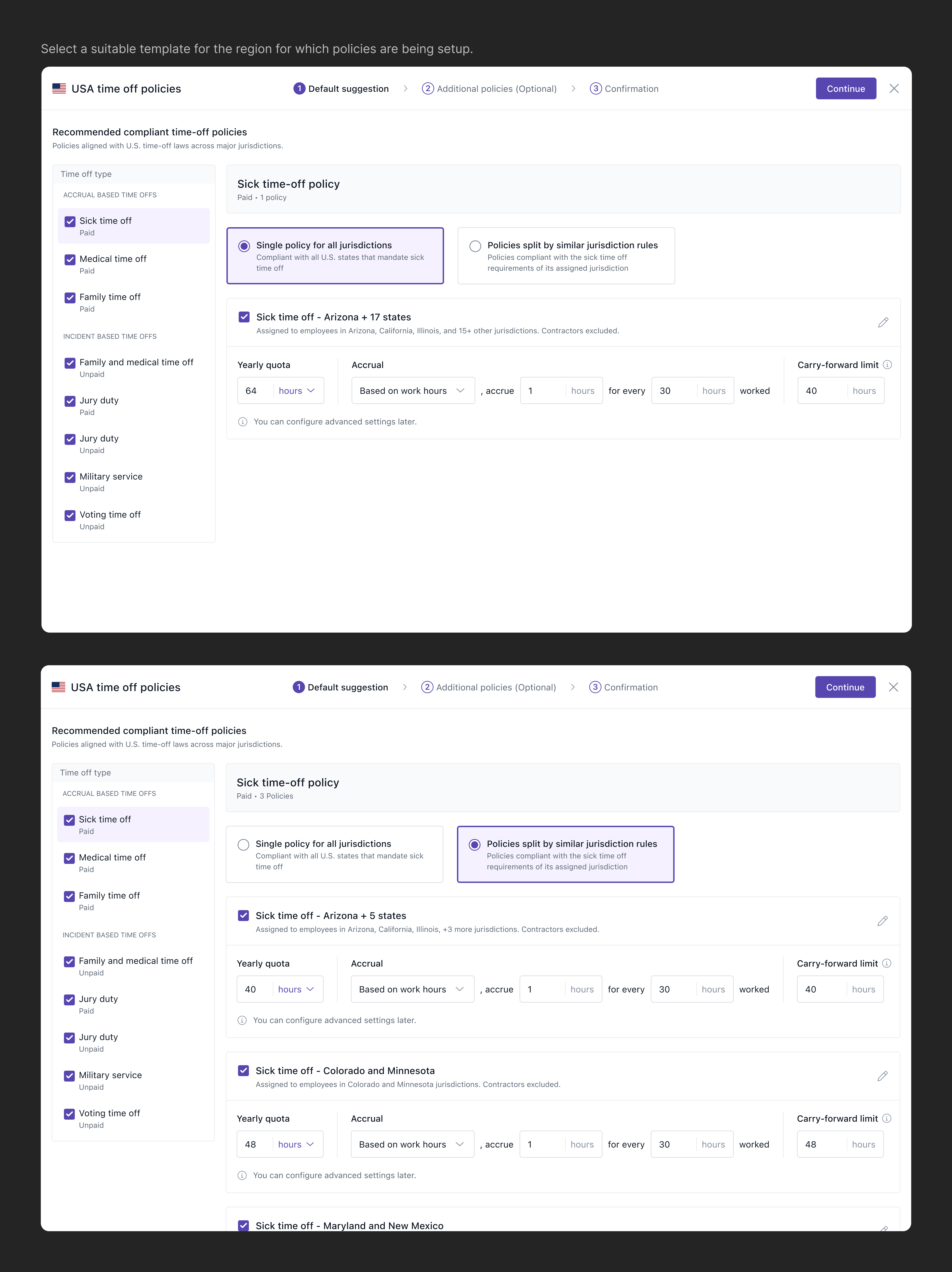 Template-led setup with jurisdiction split
