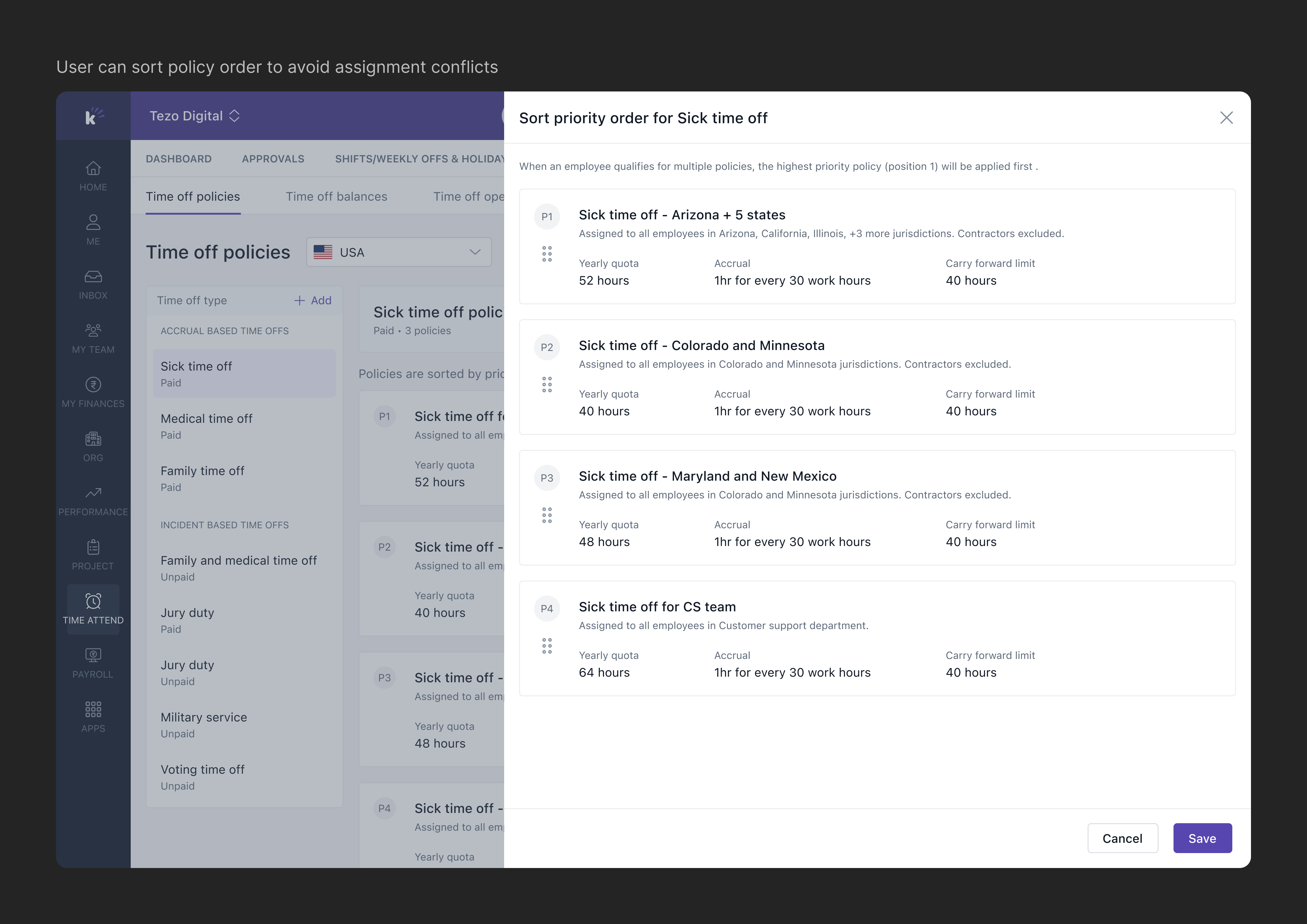 Priority order modal for policy overlap resolution
