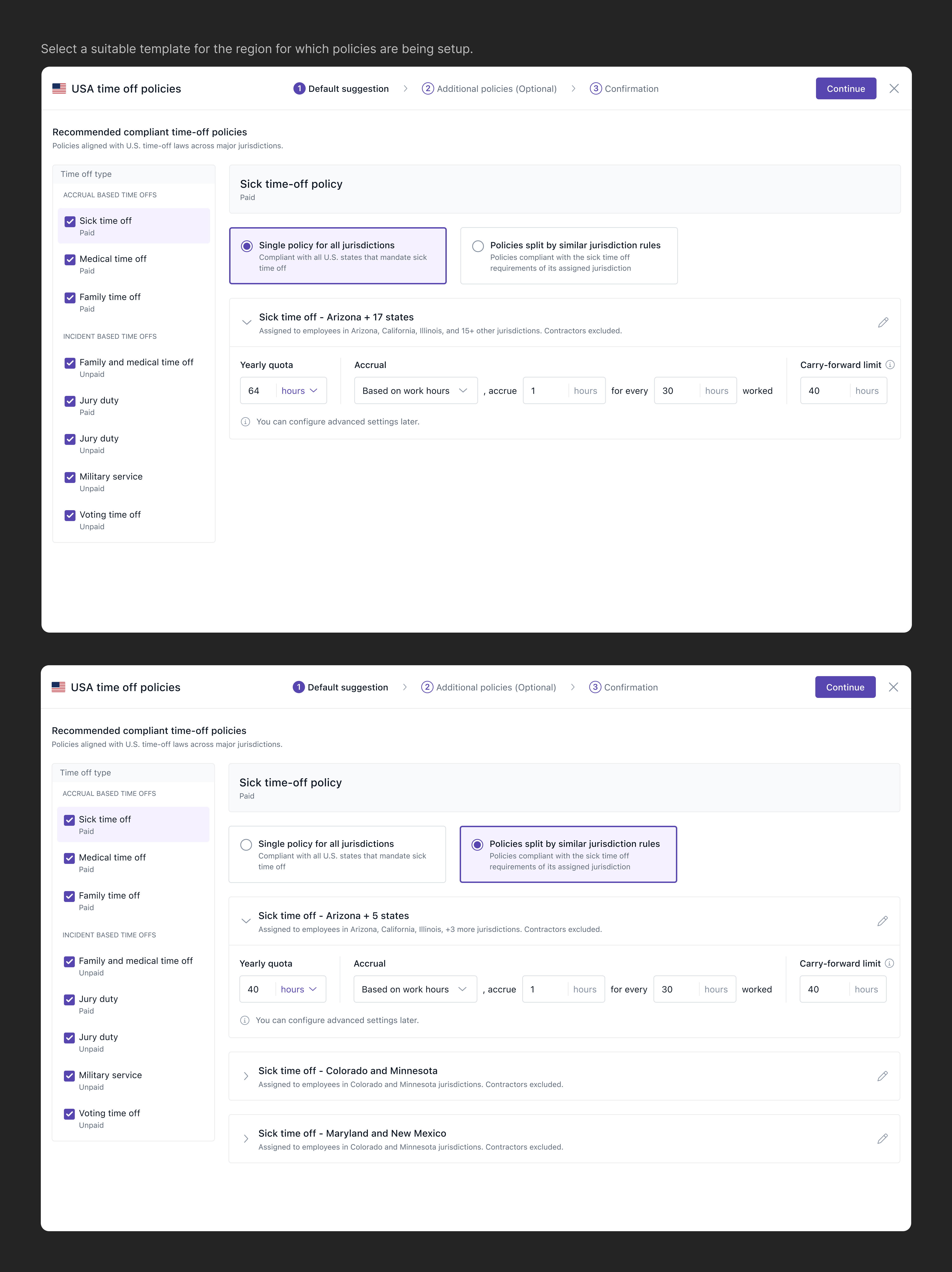 Template-led setup with jurisdiction split