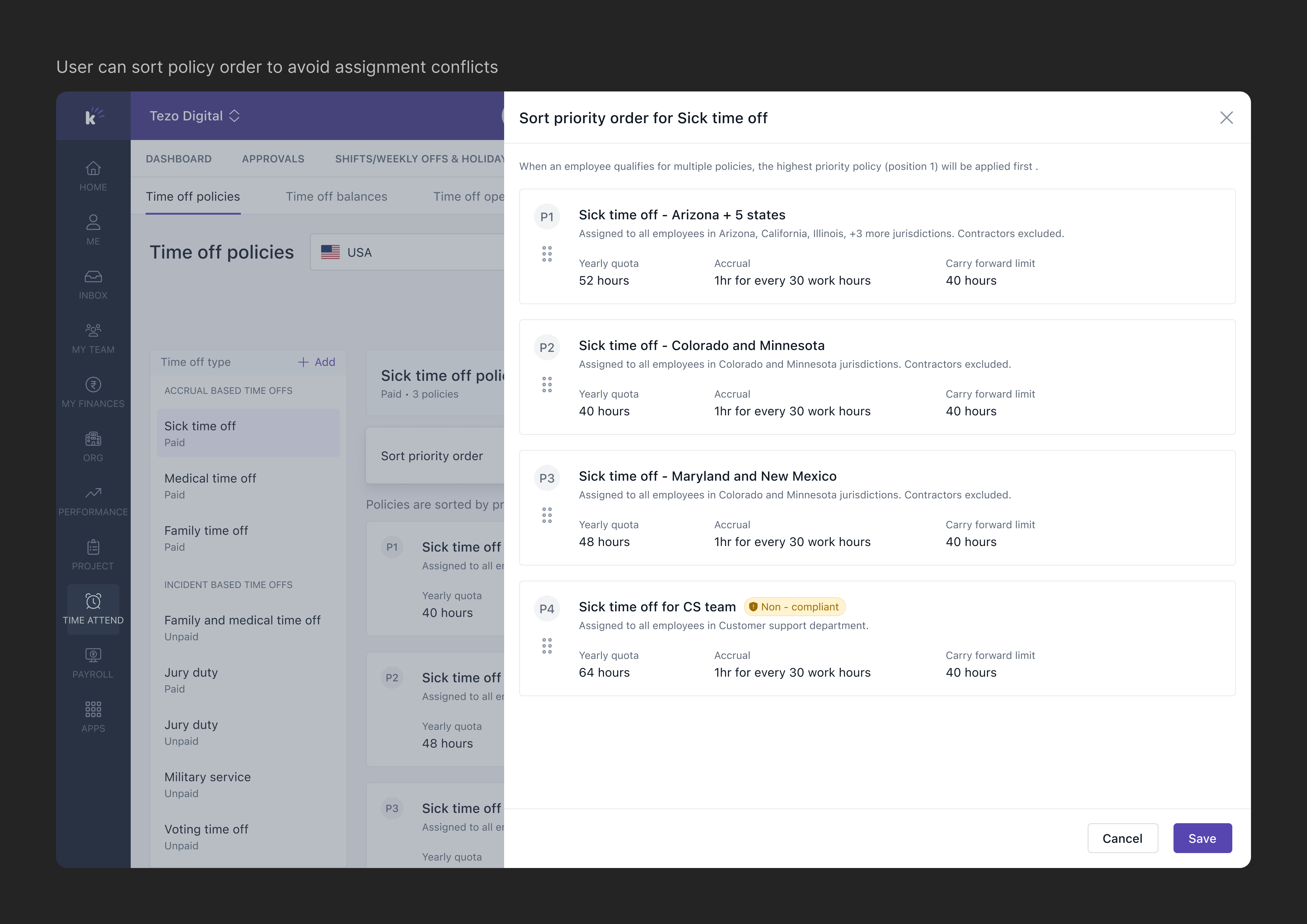 Priority order modal for policy overlap resolution