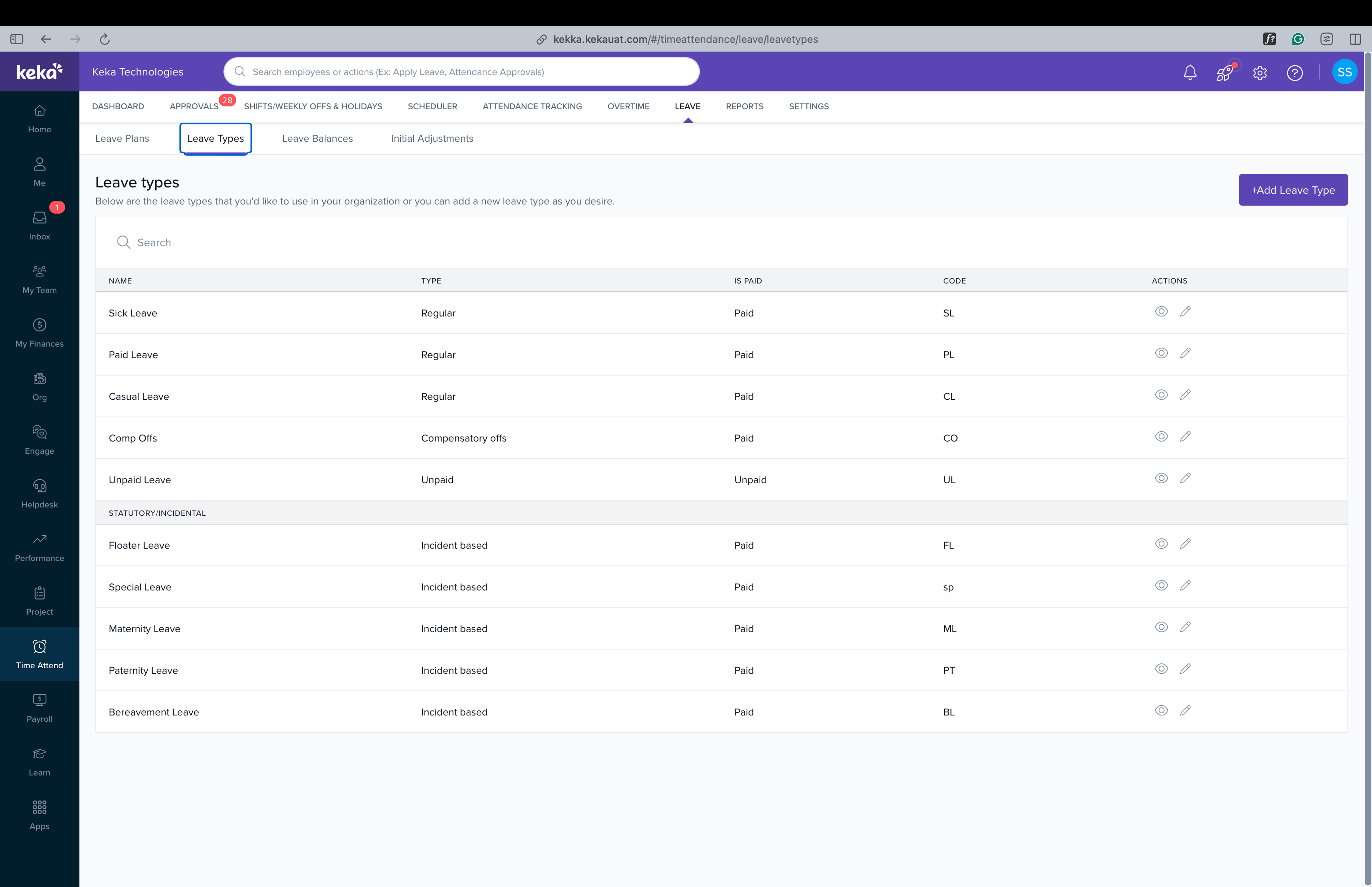 Current leave types tab